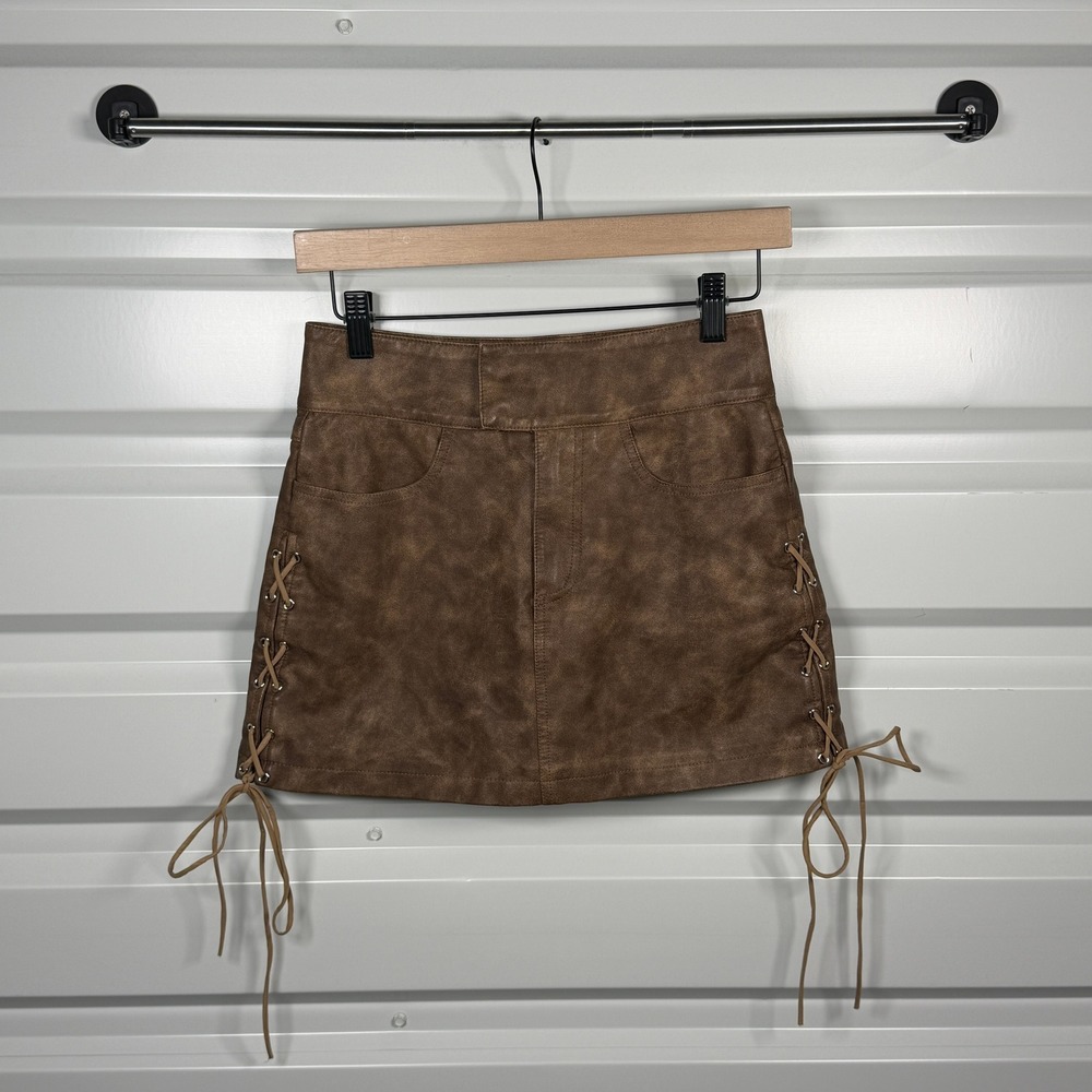 Princess Polly Brown Ceejay Lace-Up Faux Leather Miniskirt Size‎ 2 US